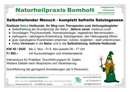 Kursausschreibung Selbstheilender Mensch - komplett befreite Salutogenese KW 45/2020, Naturheilpraxis Bomholt